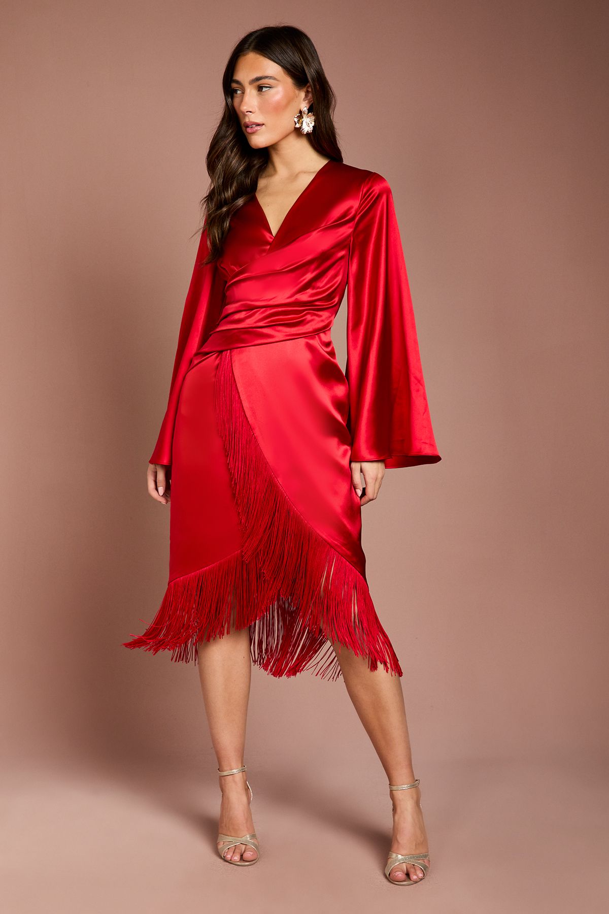 Coast Satin Fringe Hem Wrap Waist Midi Dress Red
