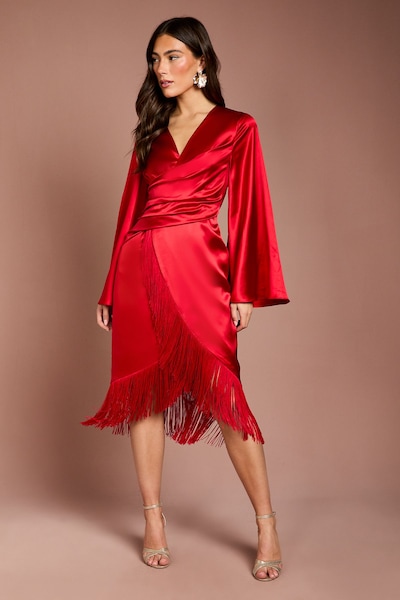 Coast Satin Fringe Hem Wrap Waist Midi Dress Red