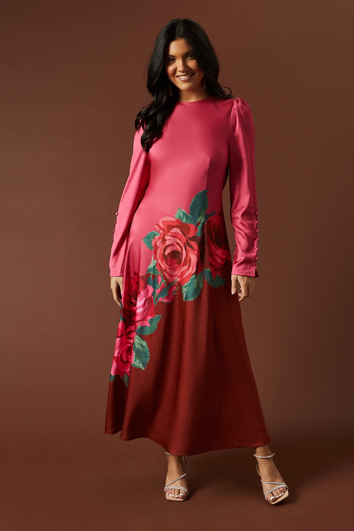 Oasis Premium Satin Placement Print Button Detail Maxi Dress Pink image 1