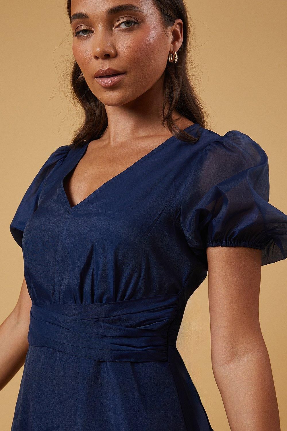 Oasis Petite Organza Puff Sleeve Pintuck Midi Dress Navy image 4