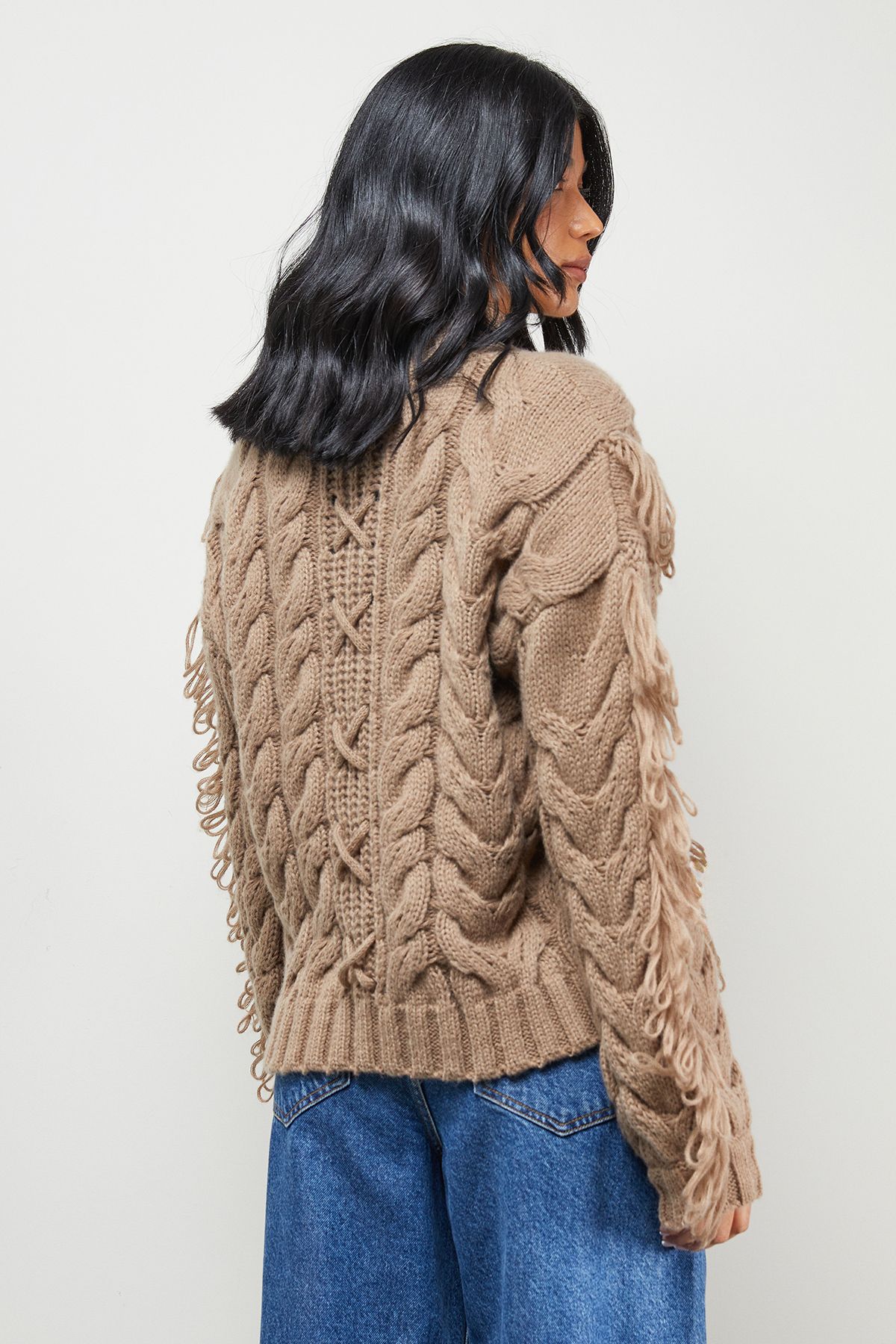 Warehouse Fringe Cross Back Cable Jumper Mocha image 3