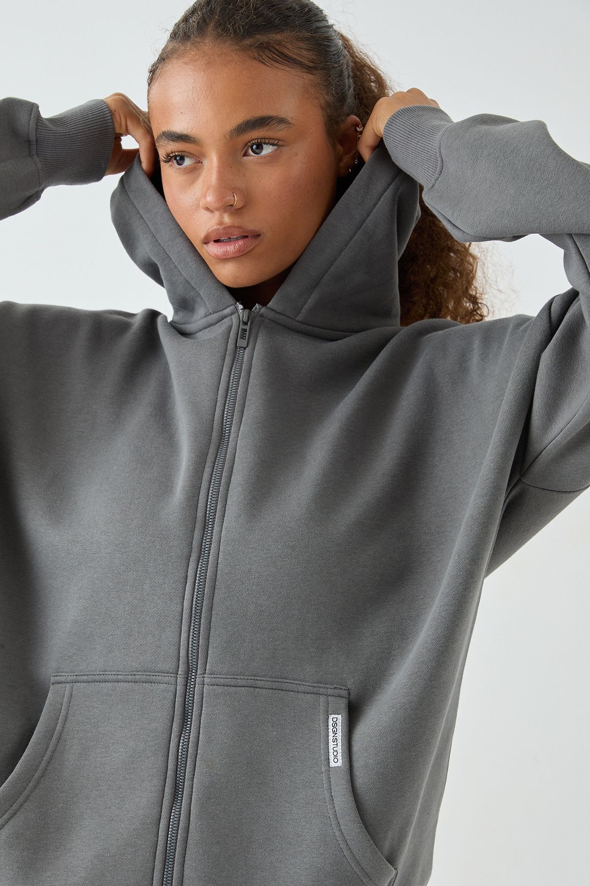 DSGN Studio DSGN Studio Oversized Zip Through Hoodie Charcoal image 3