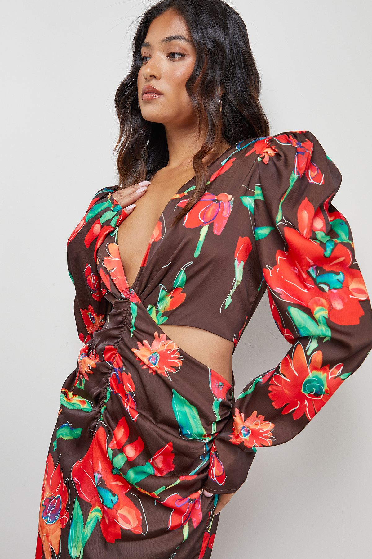 Warehouse Petite Satin Cut Out Waist Plunge Neck Midi Dress Chocolate image 4