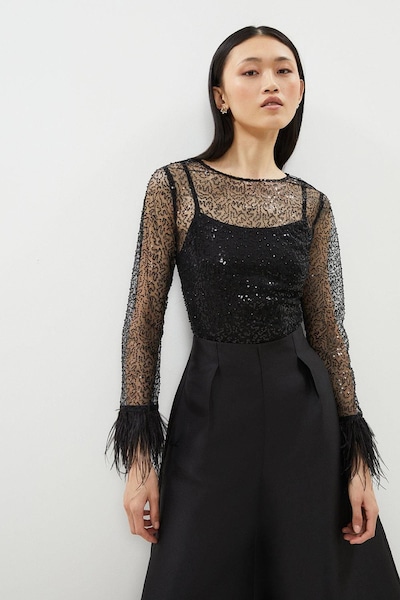 Coast Feather Cuff Sequin Top Black