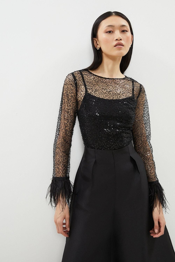 Coast Feather Cuff Sequin Top Black