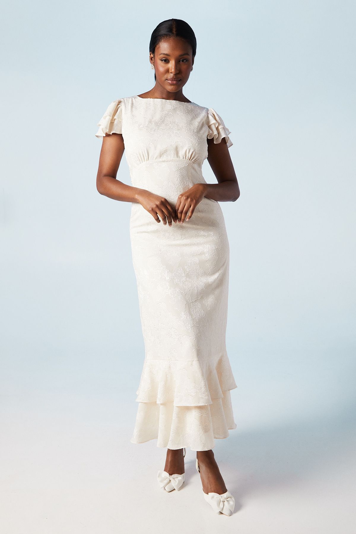 Oasis Satin Jacquard Flutter Sleeve Wedding Maxi Dress Ecru image 1