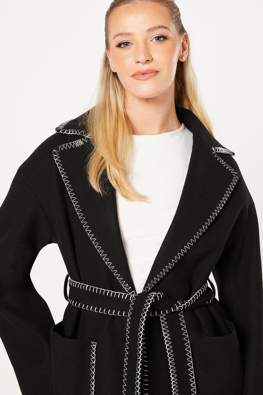 Dorothy Perkins Whipstitch Wrap Midi Coat Black image 2
