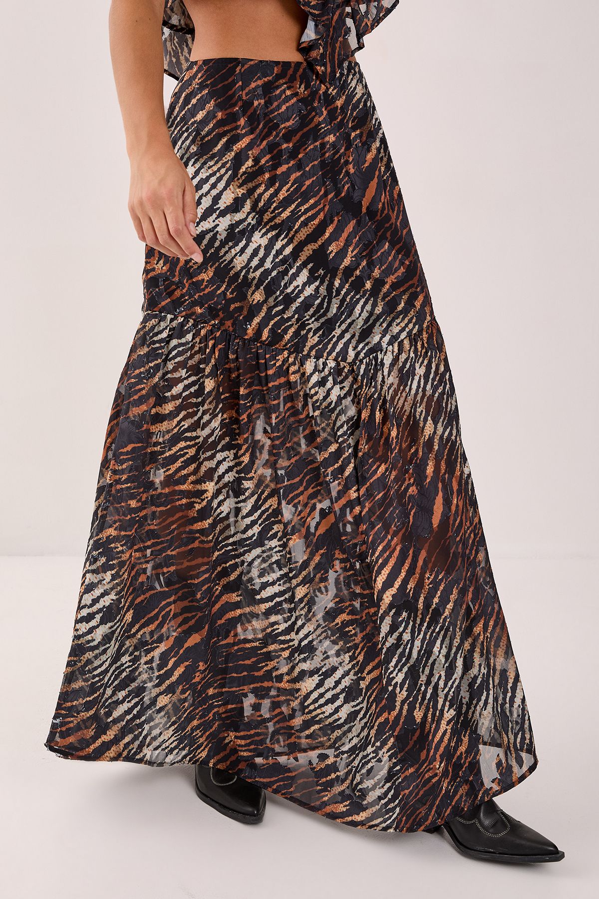 NastyGal Animal Burnout Tiered Maxi Skirt Black image 2
