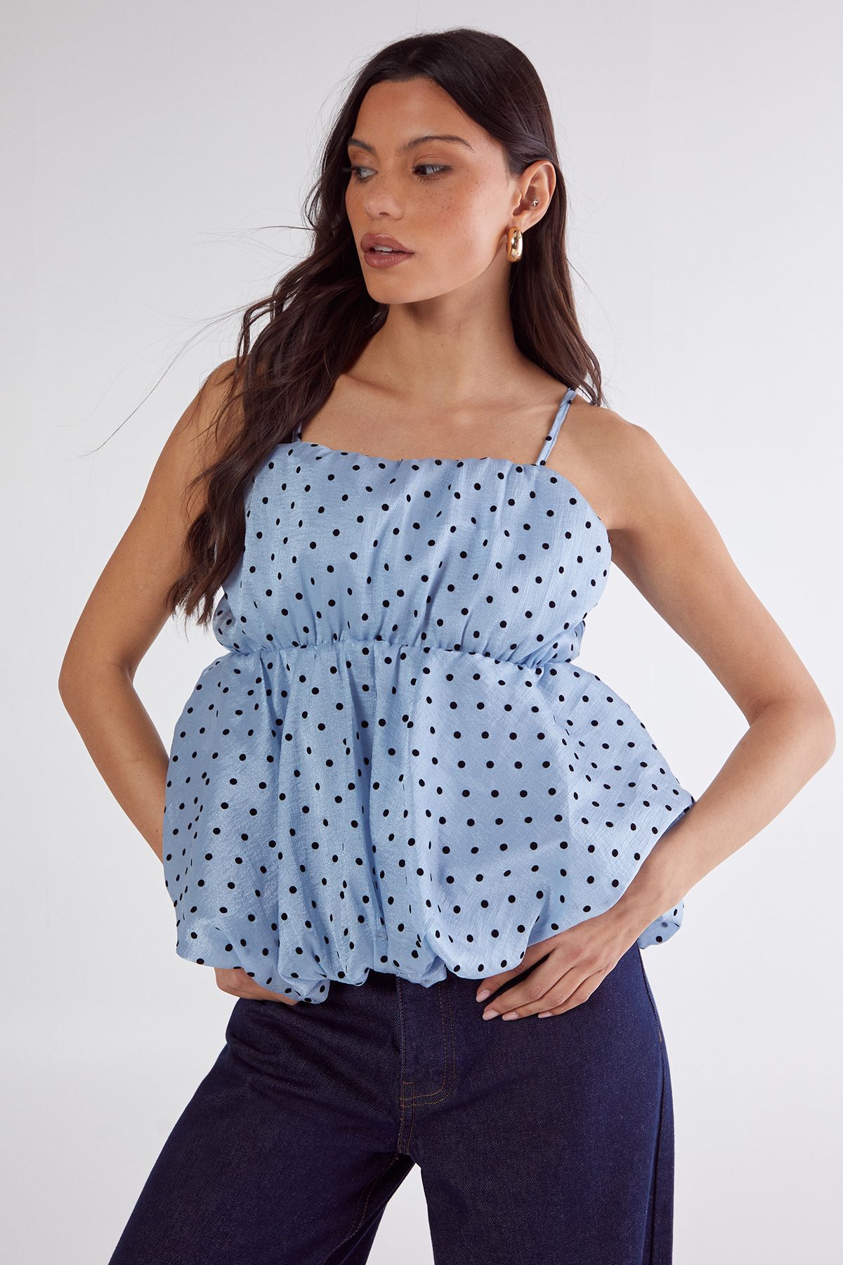 NastyGal Flocked Polka Dot Bubble Hem Longline Cami Top Blue