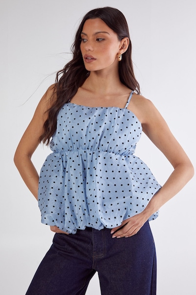 NastyGal Flocked Polka Dot Bubble Hem Longline Cami Top Blue