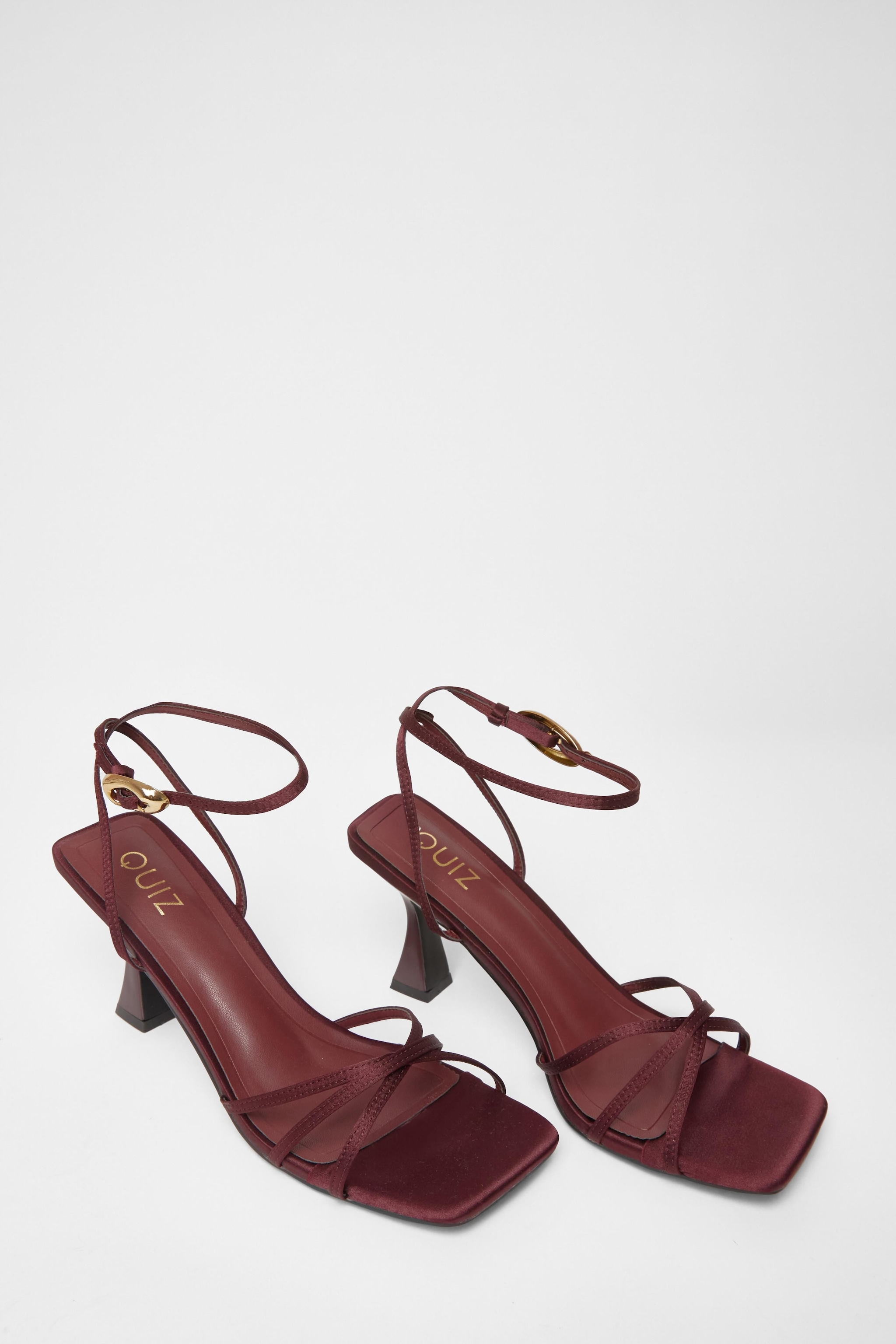 Quiz Burgundy Satin Strappy Flared Heels image 2