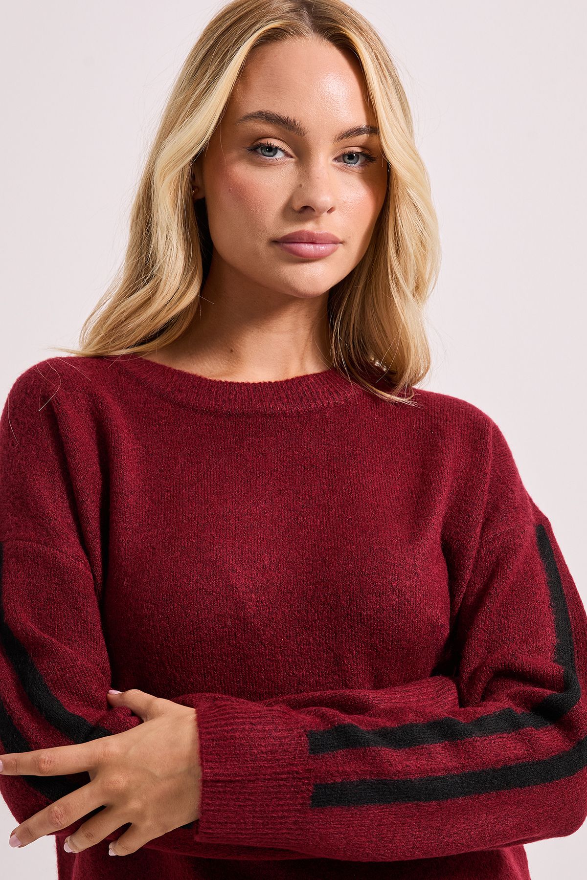 Dorothy Perkins Stripe Sleeve Crew Neck Jumper Burgundy image 4