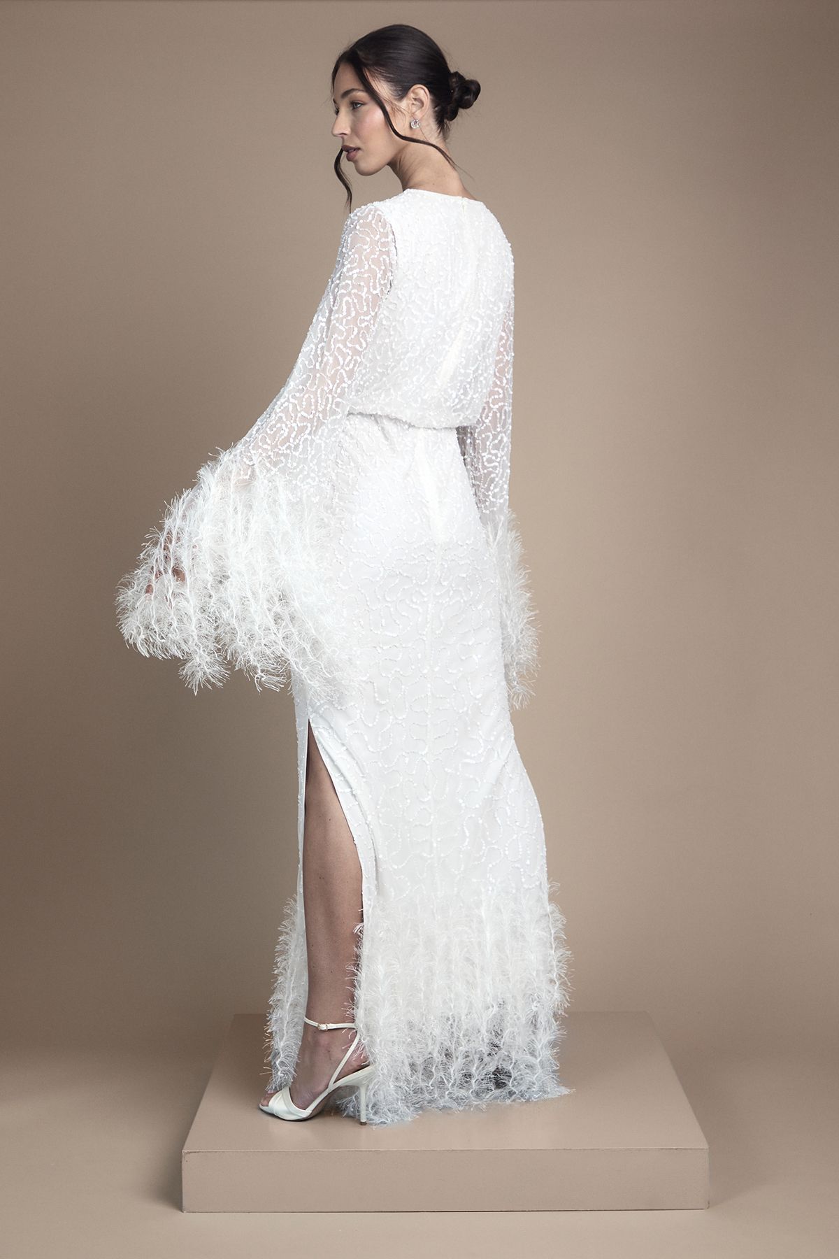 Coast Sequin Embellished Feather Trim Long Sleeve Maxi Wedding Dress Ivory image 3