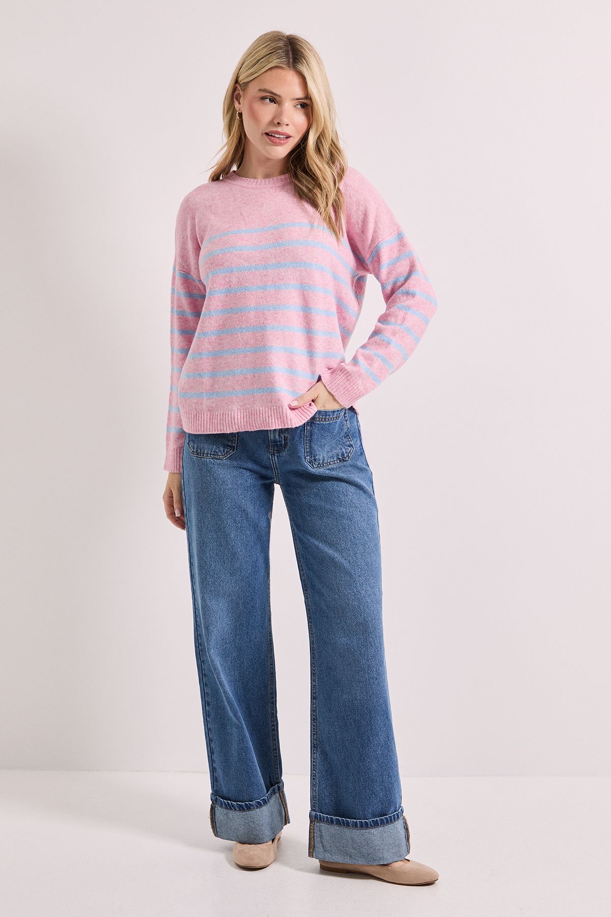 Dorothy Perkins Stripe Placement Crew Jumper Pale Pink image 2