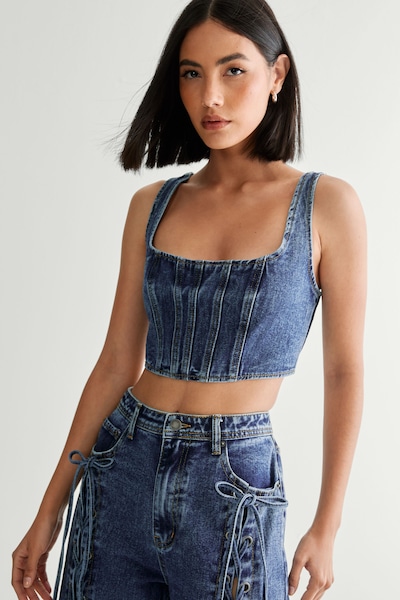 NastyGal DENIM LACE BACK CORSET BRALET Authentic Midwash