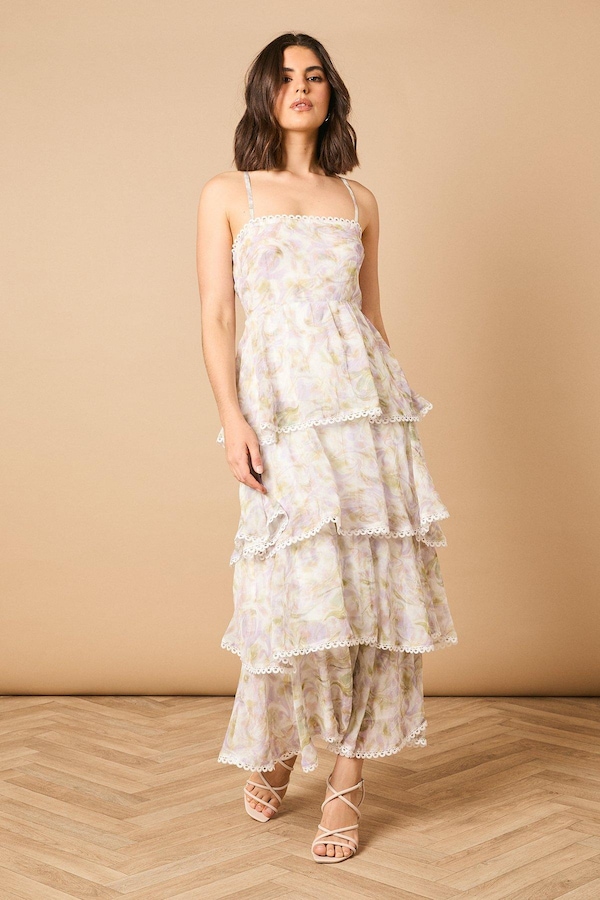 Oasis Printed Tiered Halterneck Spaghetti Strap Maxi Dress Ivory