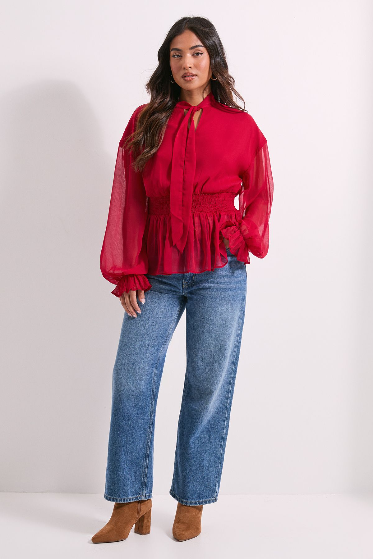 Dorothy Perkins Petite Tie Neck Shirred Waist Boho Blouse Red image 2