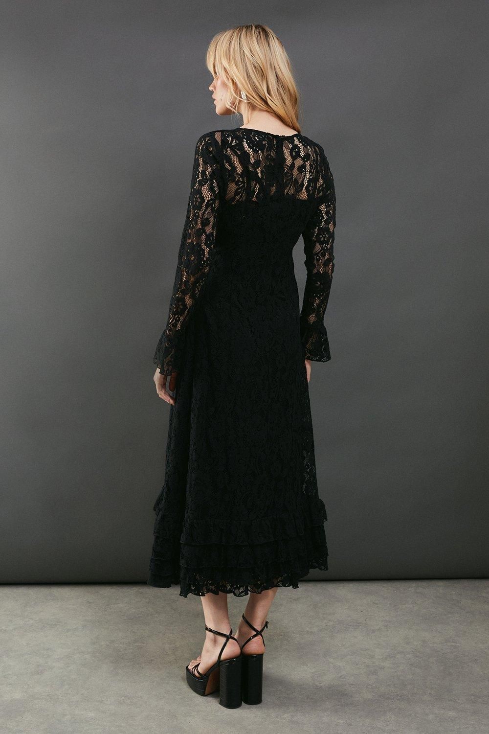 Warehouse Lace Tiered Ruffle Midaxi Dress Black image 3