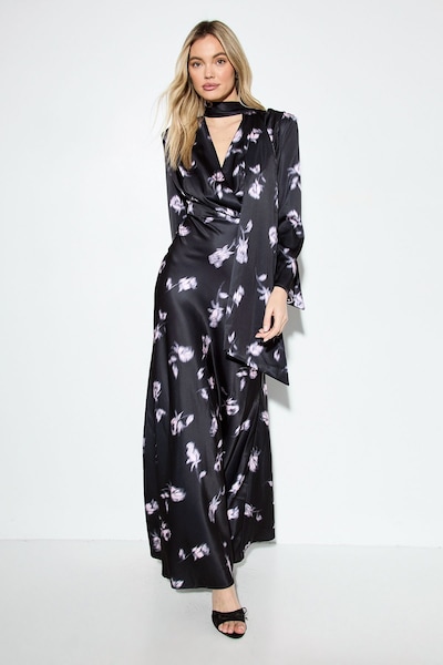 MissPap Premium Floral Print Tie Neck Maxi Dress. Black