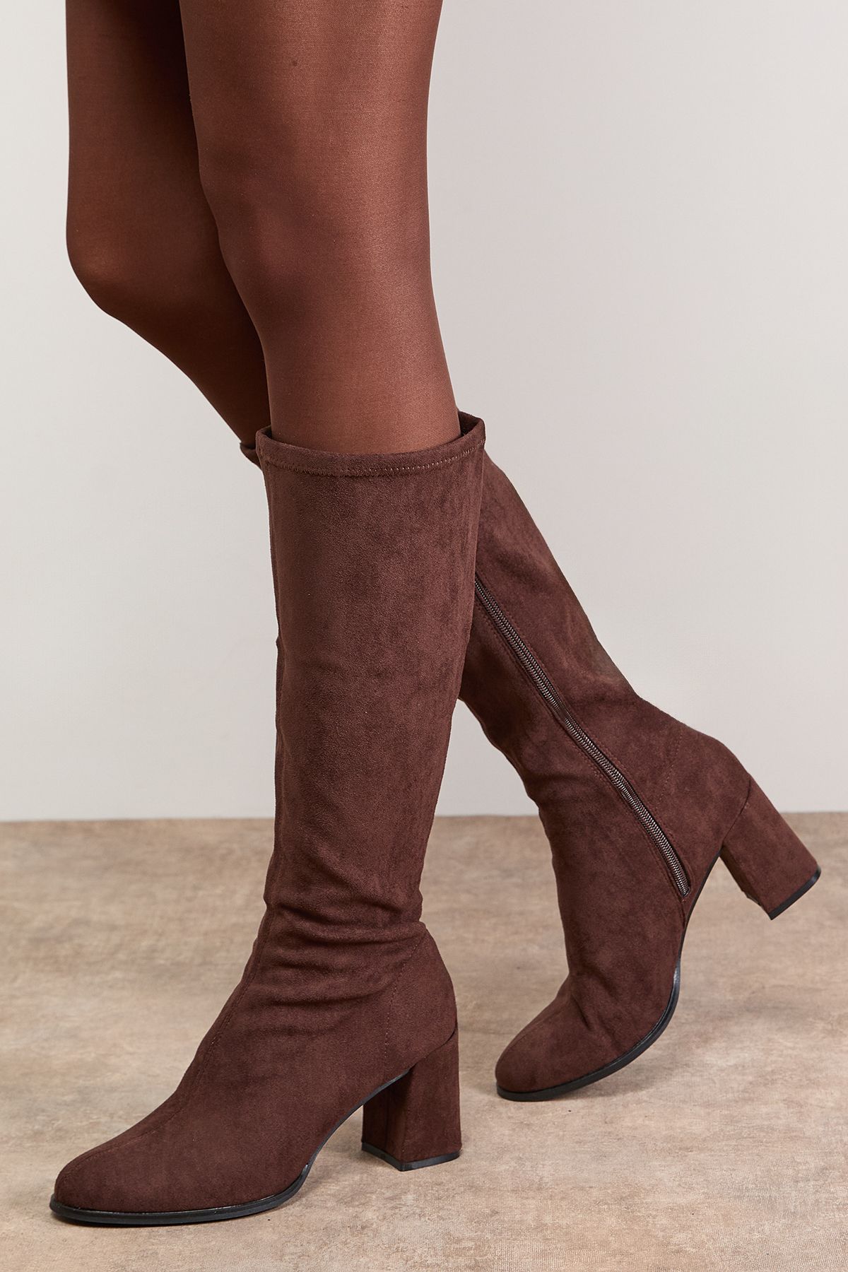 Oasis Rylee Faux Suede High Block Heel Sock Knee Boots Brown image 3