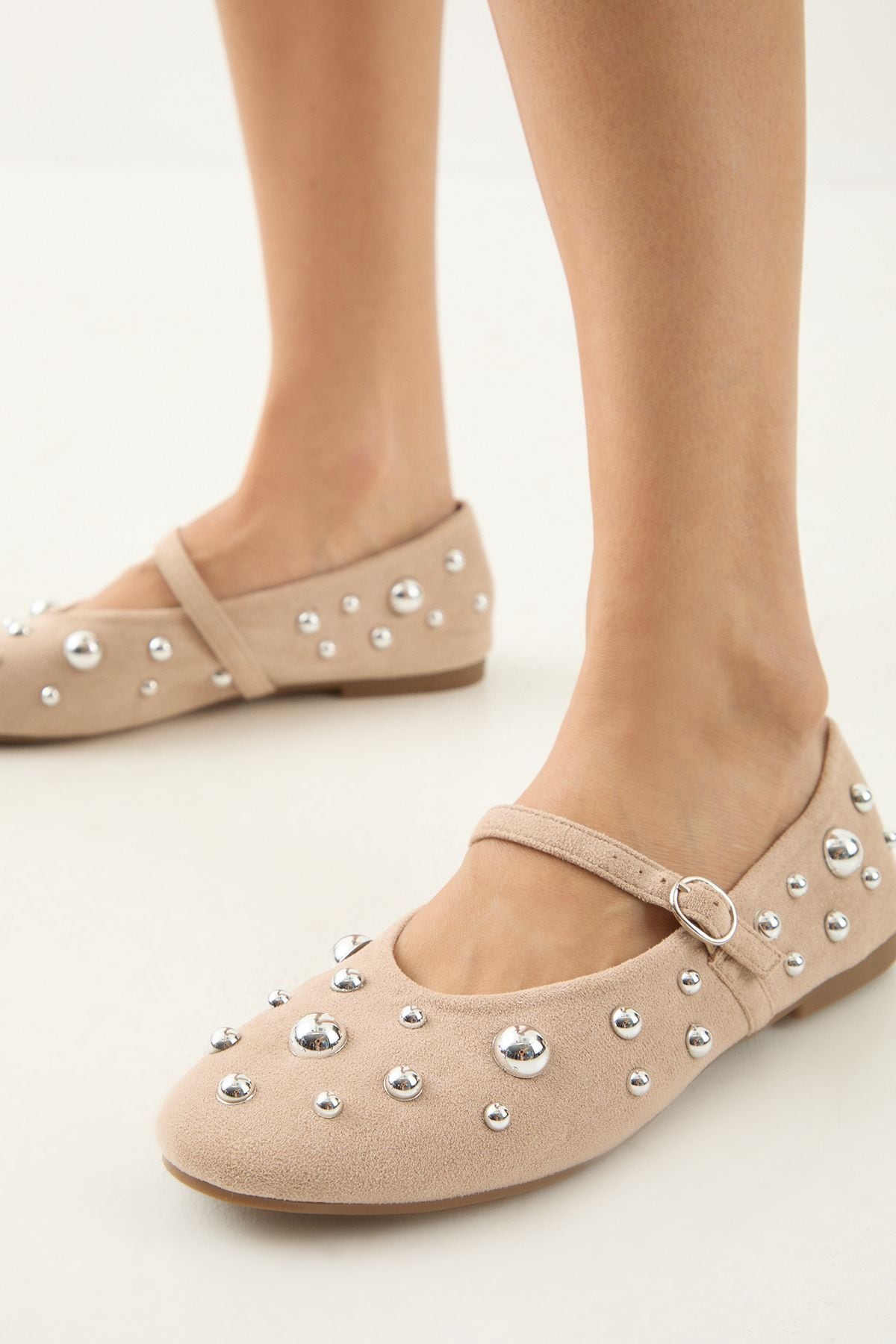 MissPap Faux Suede Studded Mary Jane Ballerinas Taupe image 4