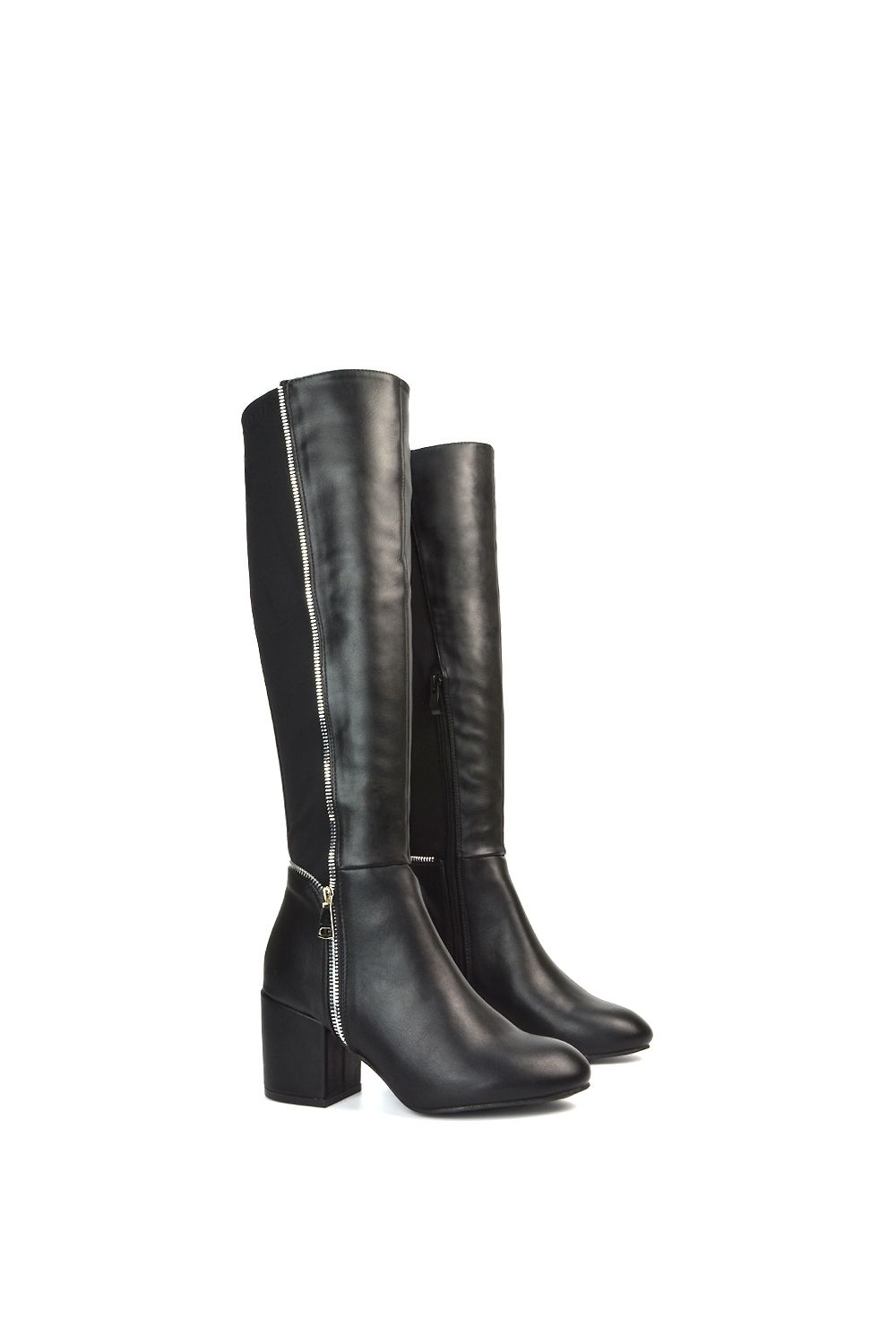 XY London 'Ronald' Silver Zip Up Knee High Boots With Mid Block Heel image 2