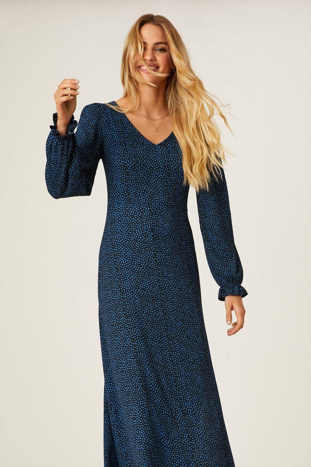Dorothy Perkins Blue Spot V Neck Midi Dress Blue image 1