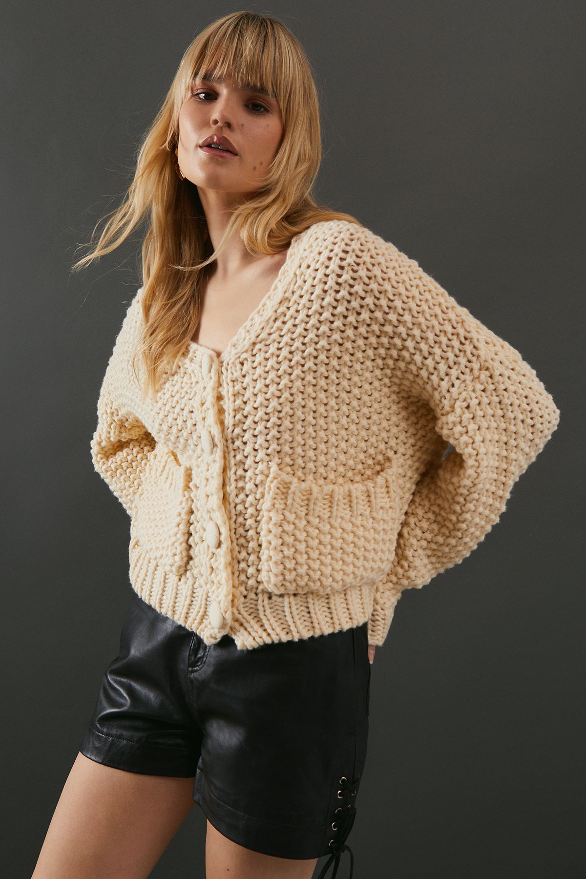 Warehouse Super Chunky Pocket Front Knitted Cardigan Ivory image 1
