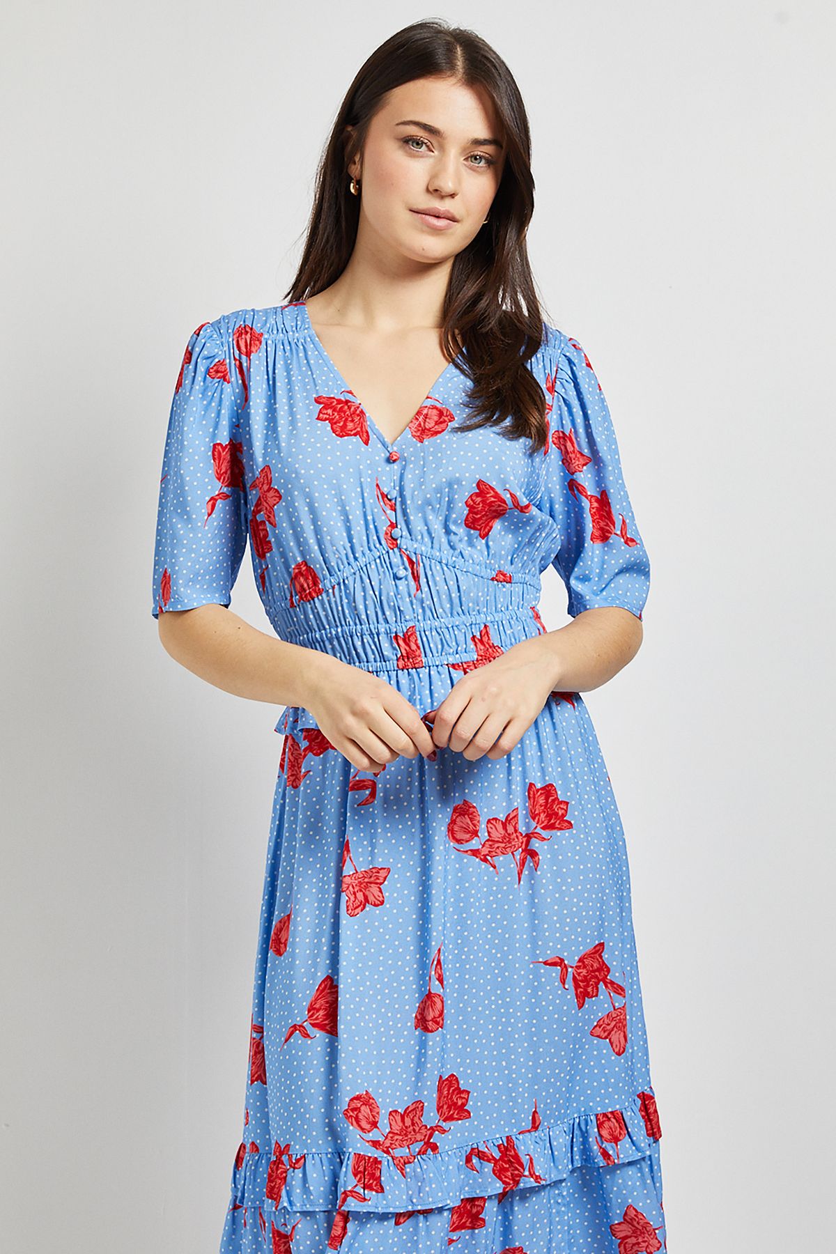 Dorothy Perkins Blue Floral Empire Shirred Bodice Button Detail Maxi Dress Blue image 2