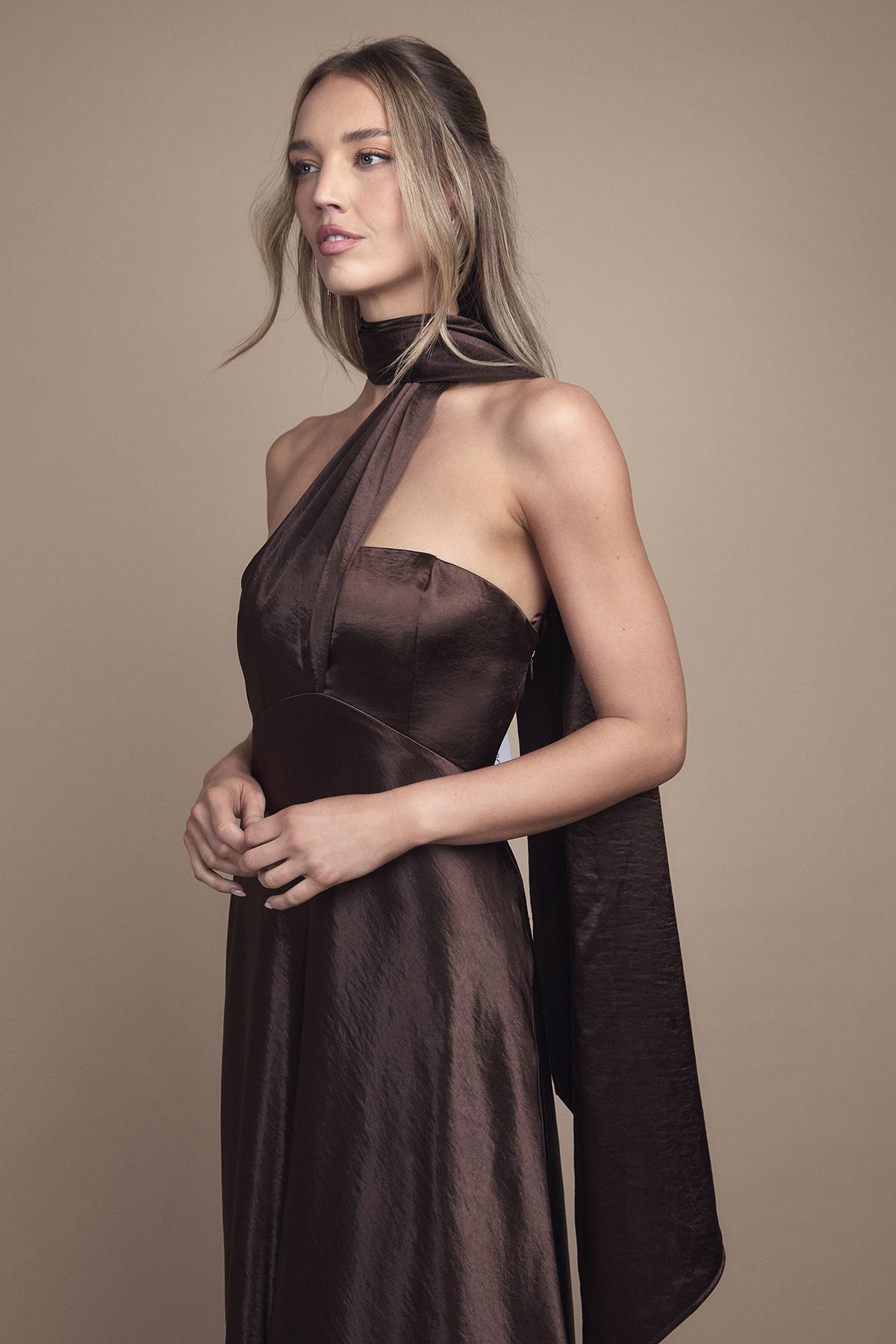 Coast Satin Scarf Detail Maxi Bridesmaid Dress Chocolate image 3