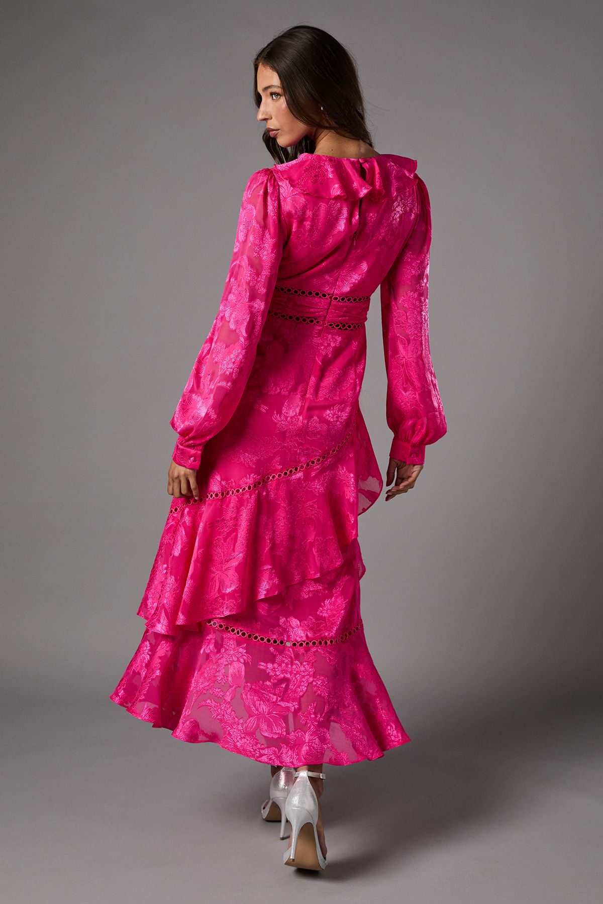 Coast Long Sleeve Jacquard Midaxi Dress With Frills Pink image 3