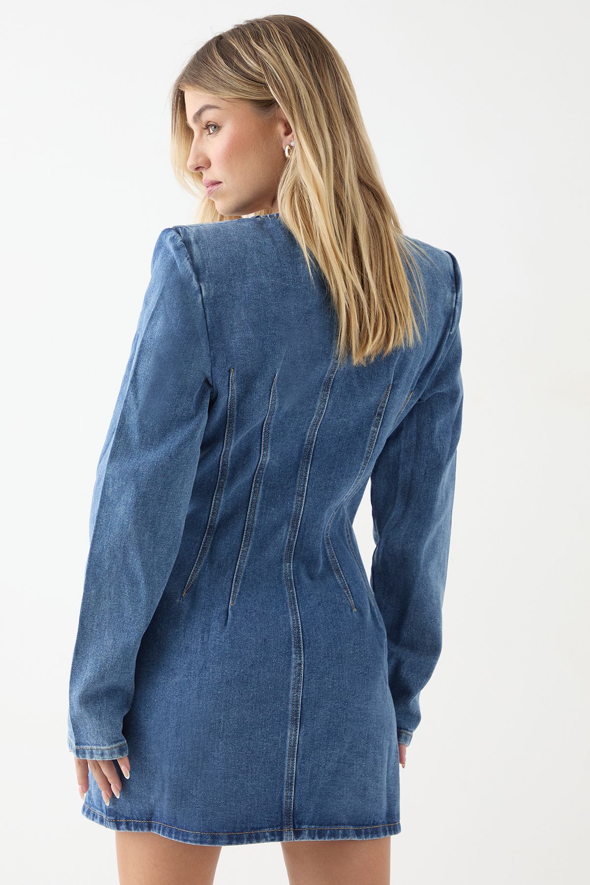 MissPap Button Down Long Sleeve Denim Dress Mid Wash image 3