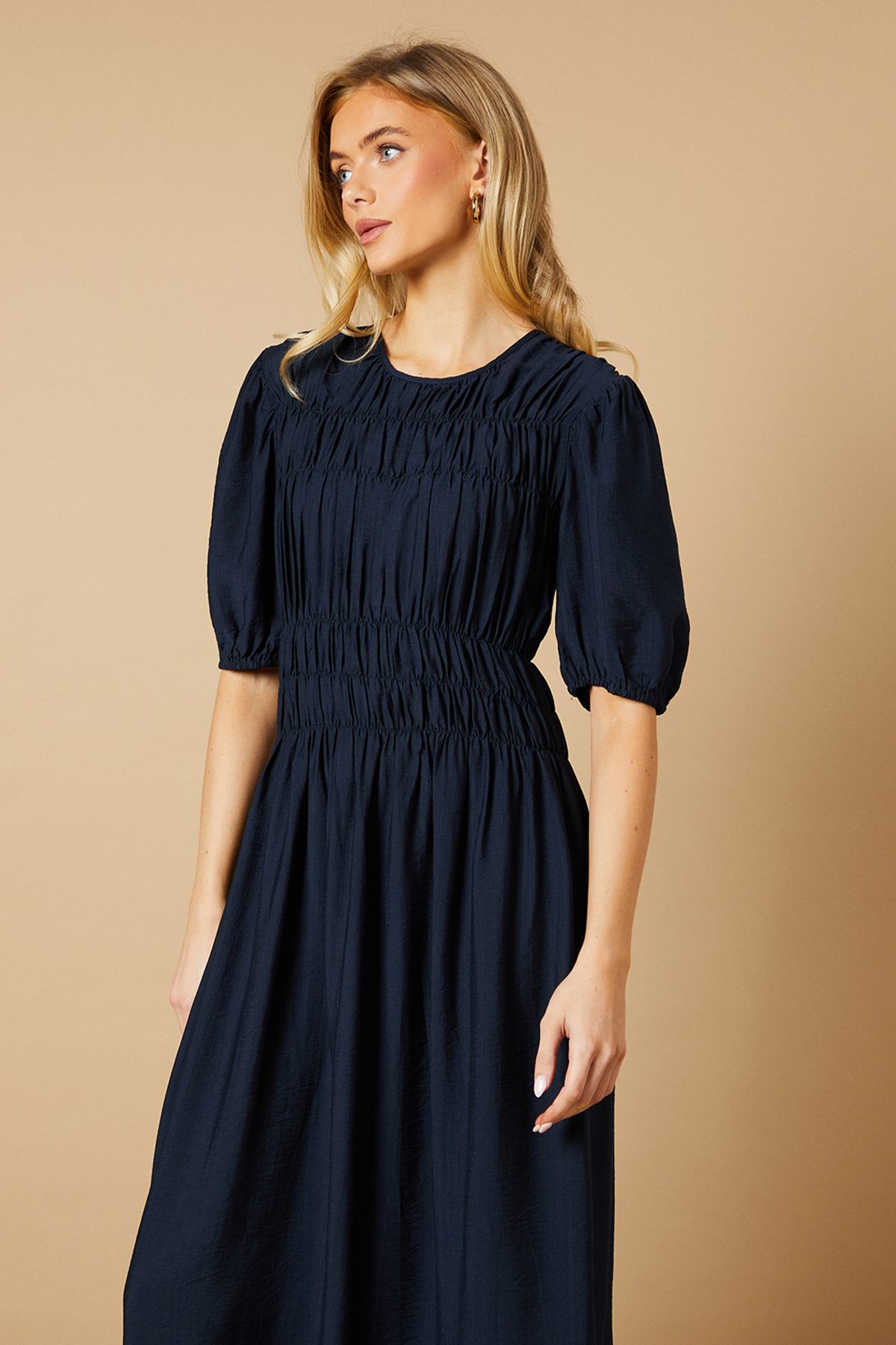 Oasis Shirred Bodice Puff Sleeve Midi Dress Navy image 4
