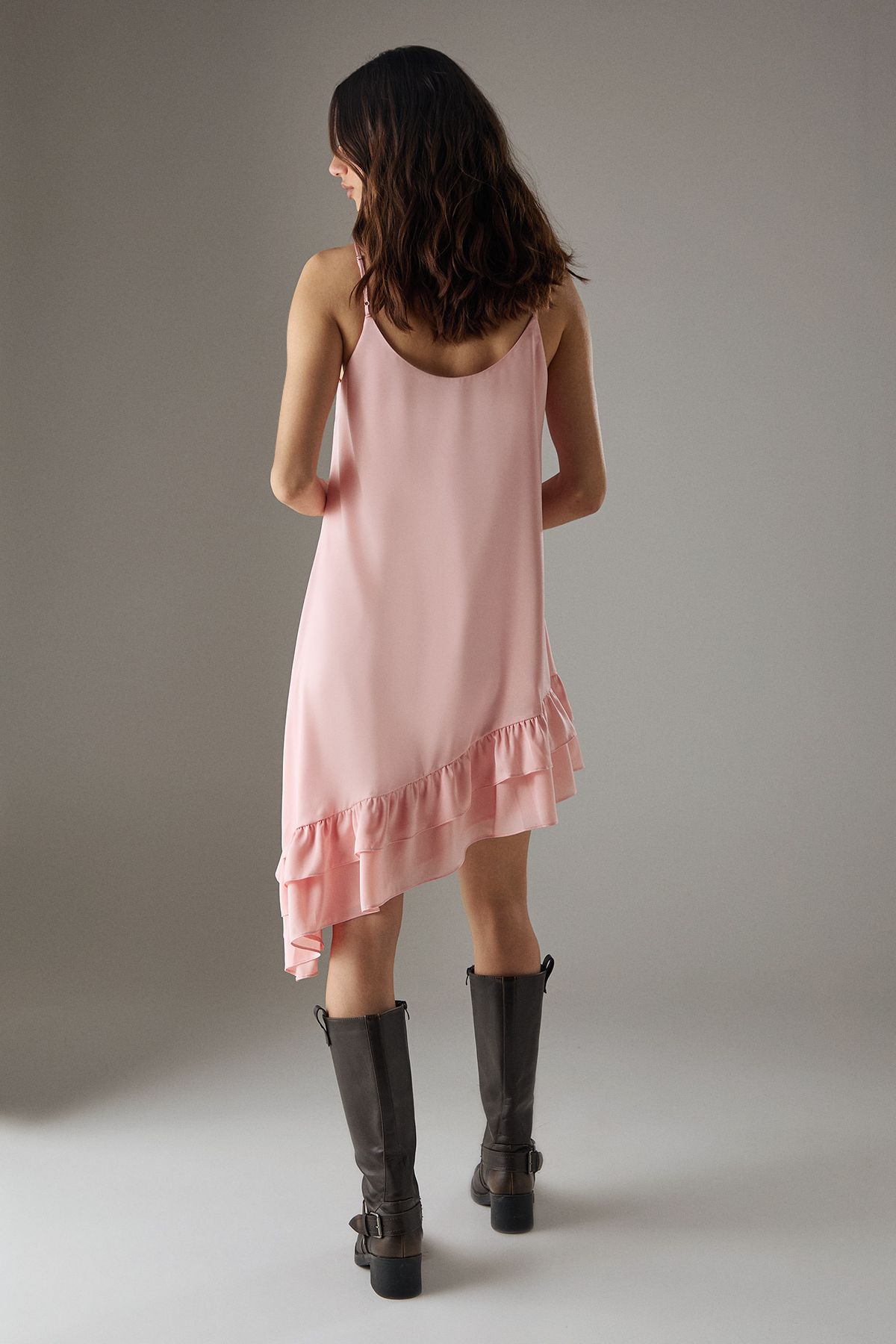 Warehouse Satin Asymmetric Ruffle Mini Strappy Dress Peach image 4