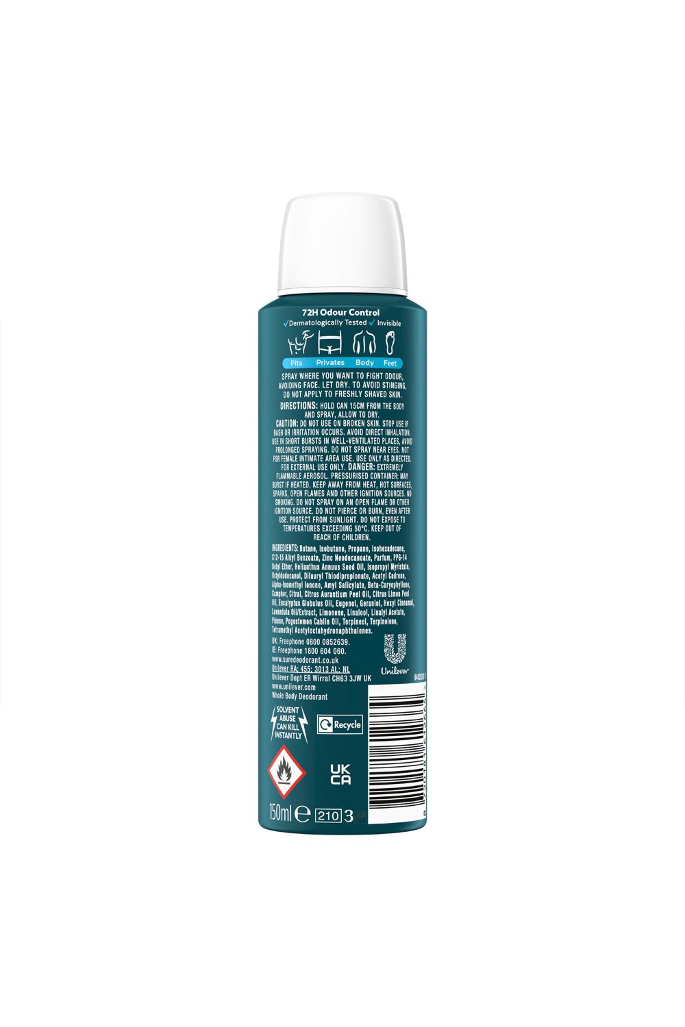 Sure Whole Body 'Deodorant Spray' Ocean Rush w/ 72H Odour Control 150ml,6pk image 5