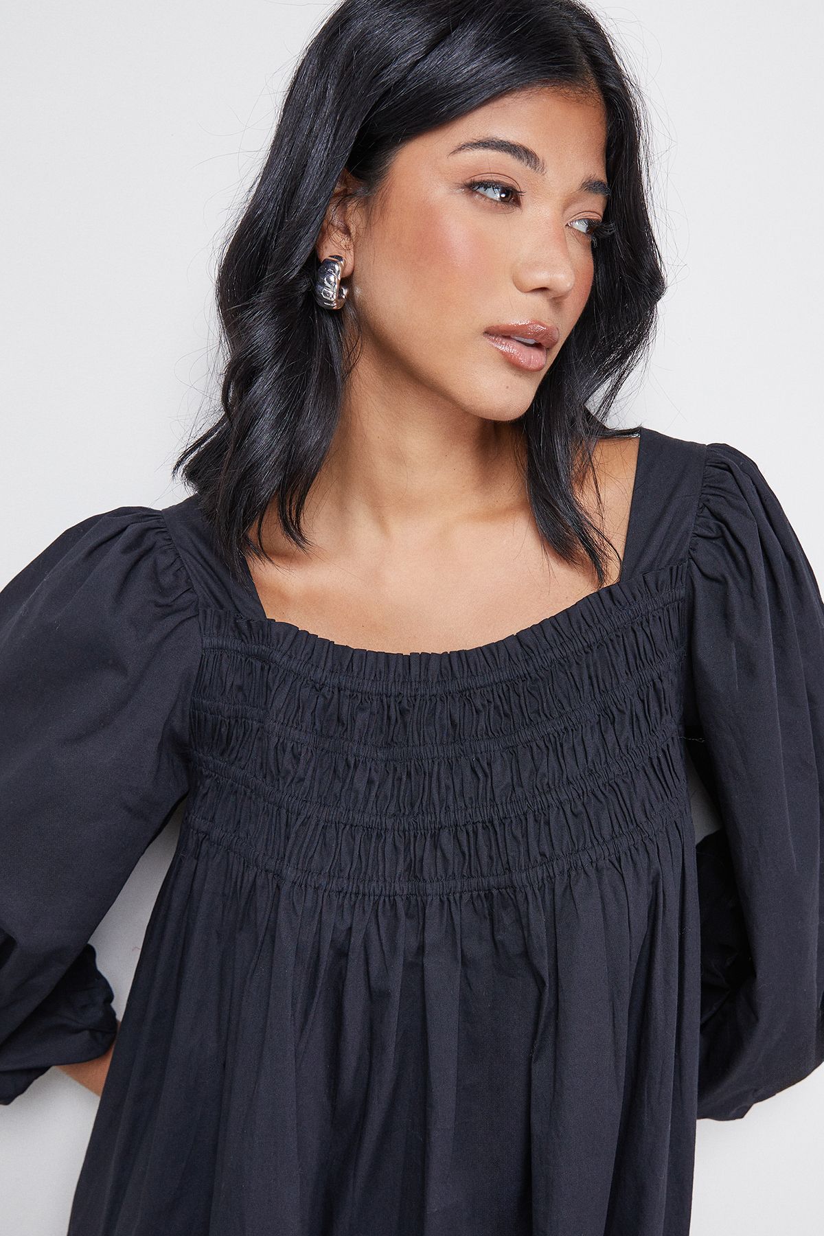 Warehouse Cotton Shirred Square Neck Midi Dress Black image 5