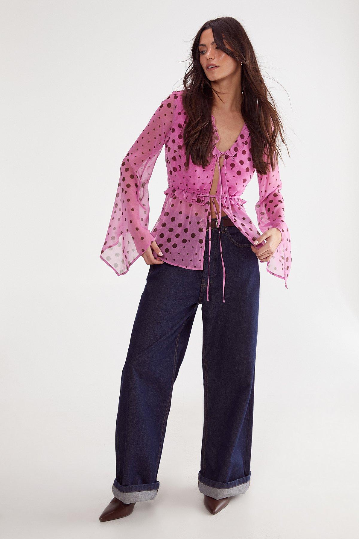 NastyGal Polka Dot Ruffle Tie Front Fluted Sleeve Blouse Pink image 2