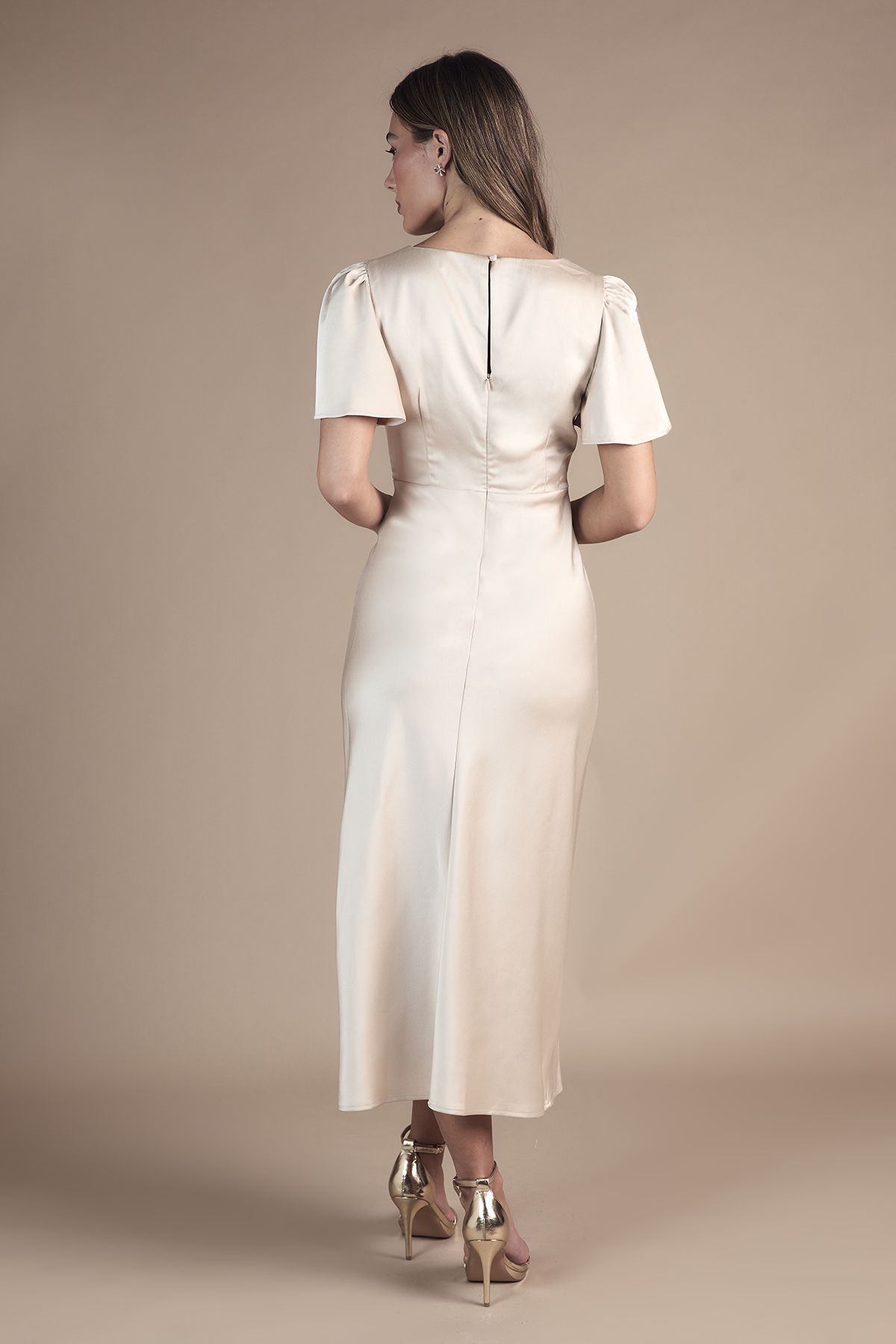 Oasis Oasis by Coast Petite Satin Twist Angel Sleeve Midi Bridesmaid Dress Champagne image 3