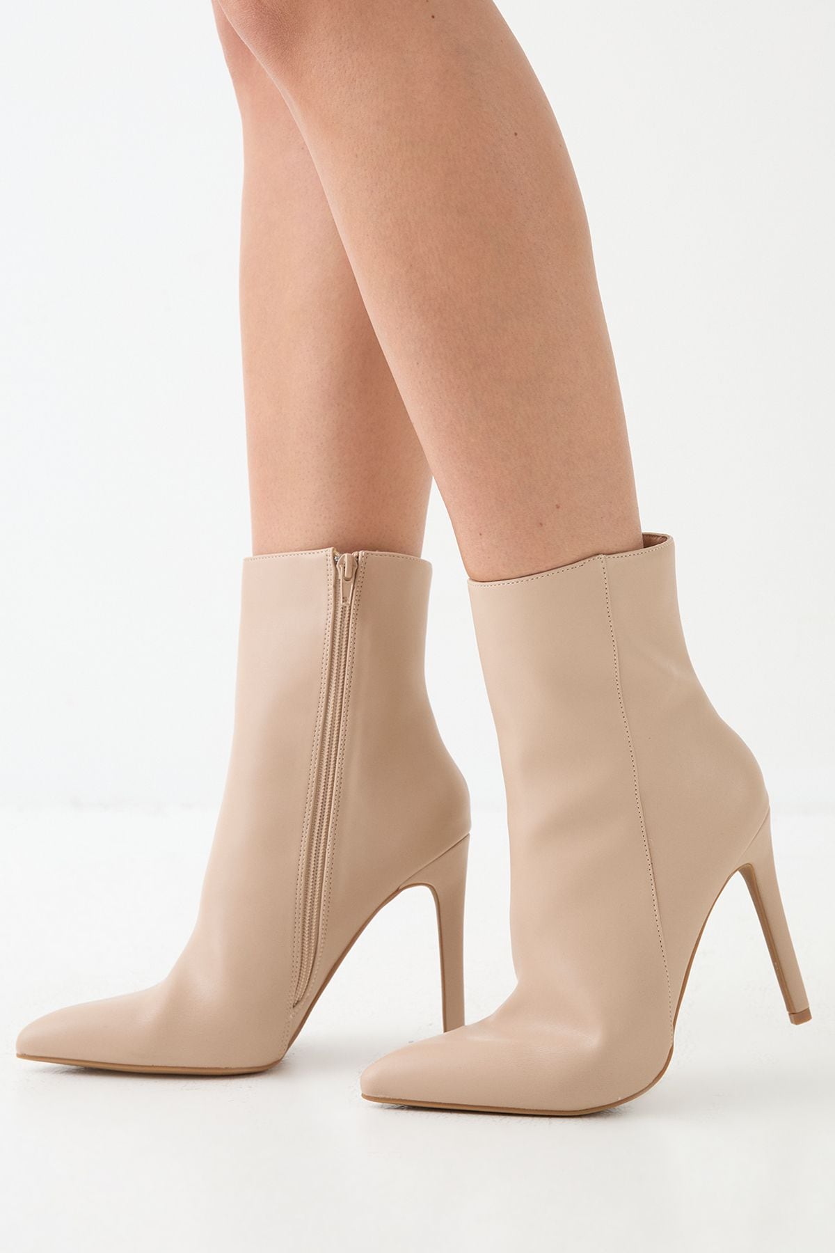 MissPap Faux Leather High Stiletto Heel Ankle Boots Beige image 4
