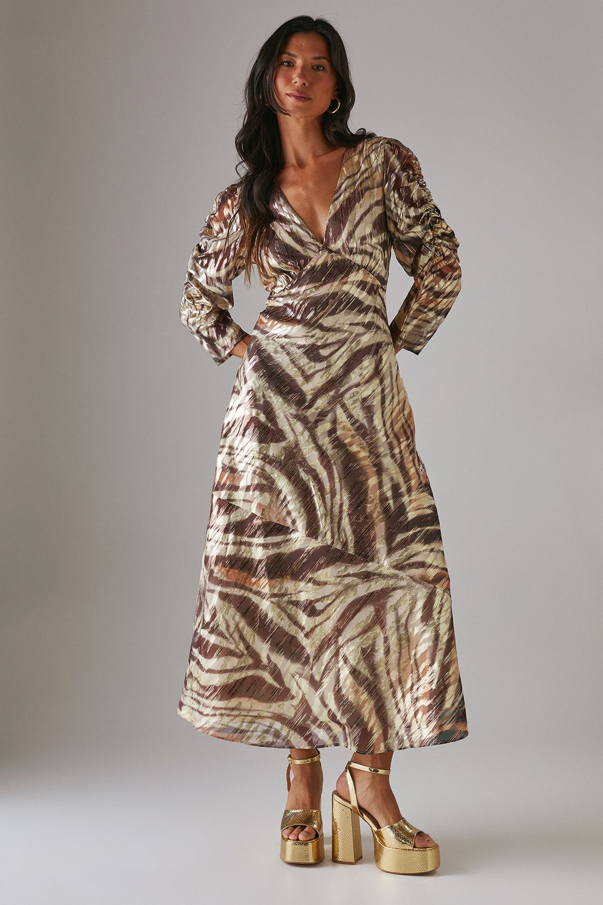 Warehouse Metallic Jacquard Ruched Sleeve Plunge Neck Bias Midi Dress Zebra image 1