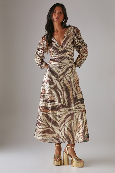 Warehouse Metallic Jacquard Ruched Sleeve Plunge Neck Bias Midi Dress Zebra