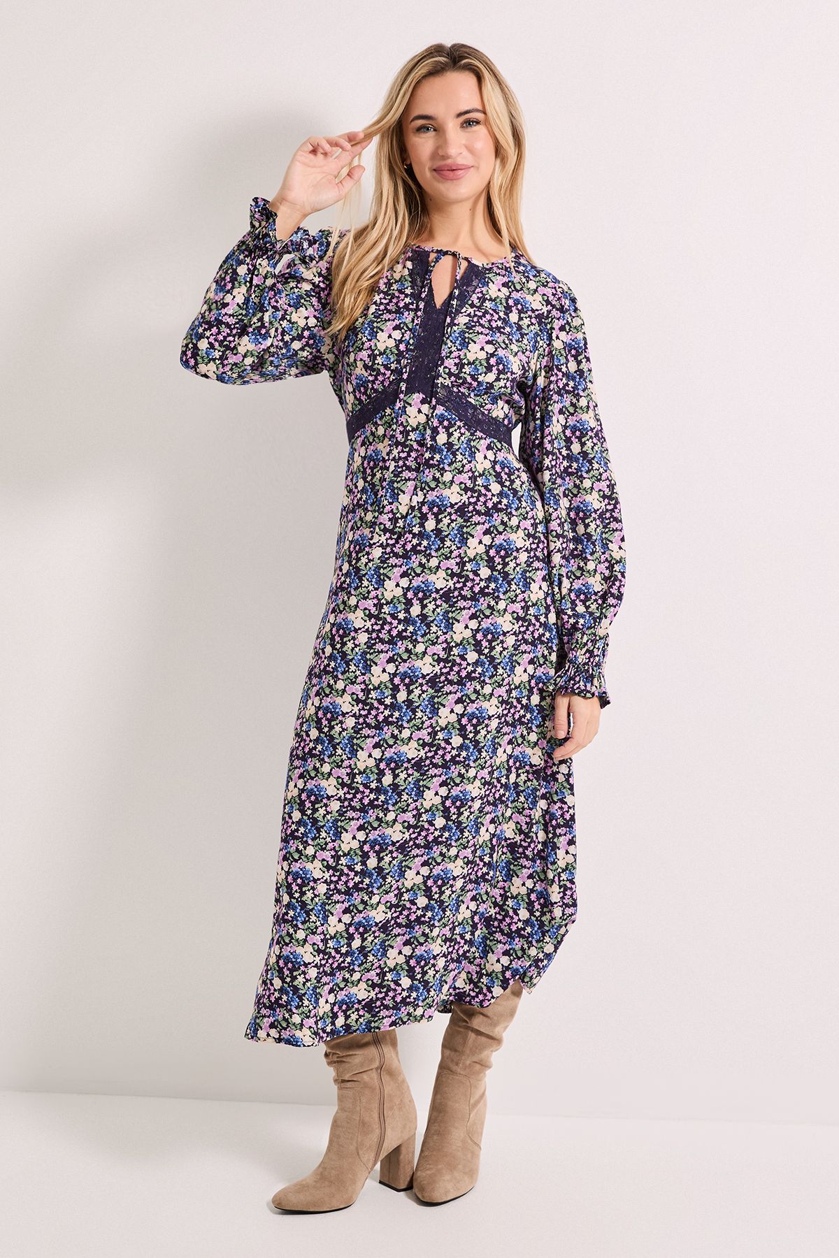 Dorothy Perkins Purple Ditsy Lace Detail Tie Neck Printed Midi Dress Purple image 1