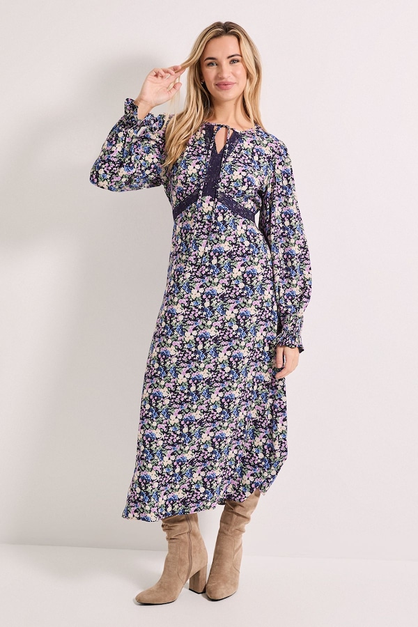 Dorothy Perkins Purple Ditsy Lace Detail Tie Neck Printed Midi Dress Purple