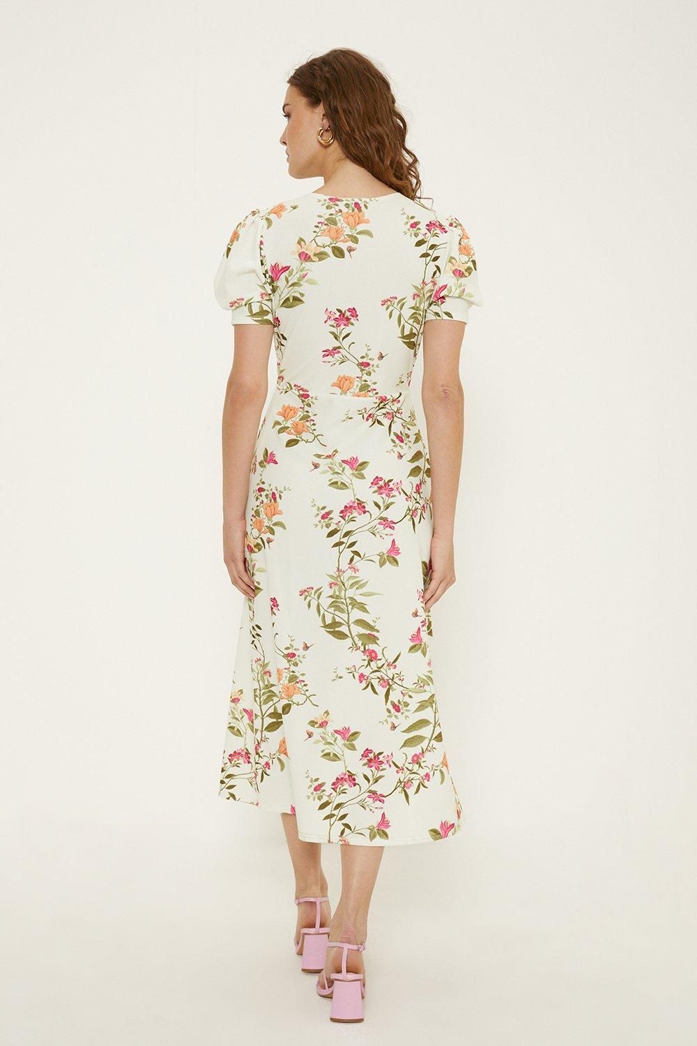 Oasis Ivory Floral Stretch Crepe Twist Front Midi Dress Ivory image 3