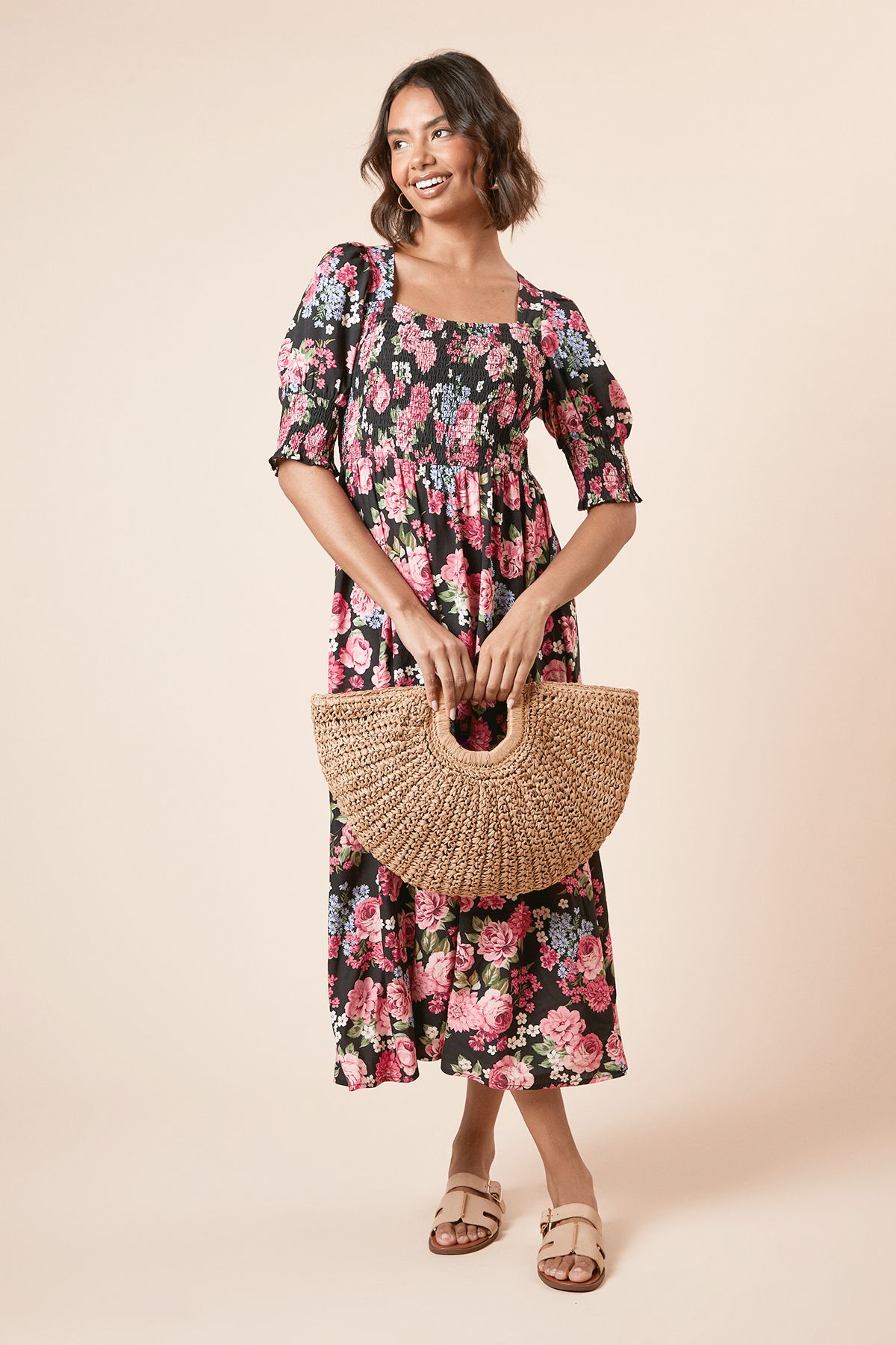 Dorothy Perkins Black Floral Shirred Bodice Puff Sleeve Square Neck Midi Dress Black image 1