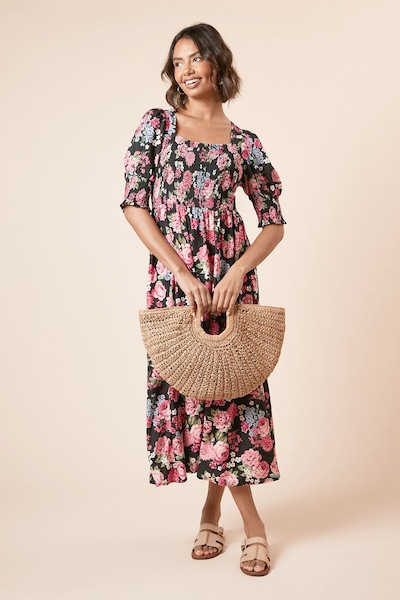 Dorothy Perkins Black Floral Shirred Bodice Puff Sleeve Square Neck Midi Dress Black