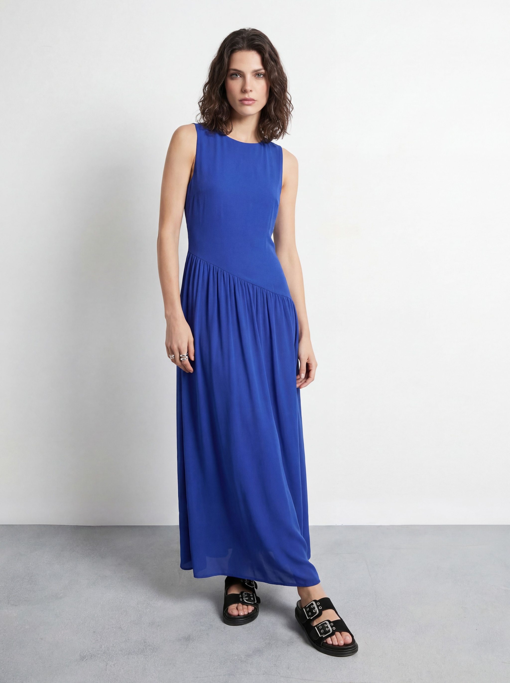 Warehouse Petite Plain Dropped Waist Chiffon Tiered Maxi Dress Cobalt image 1