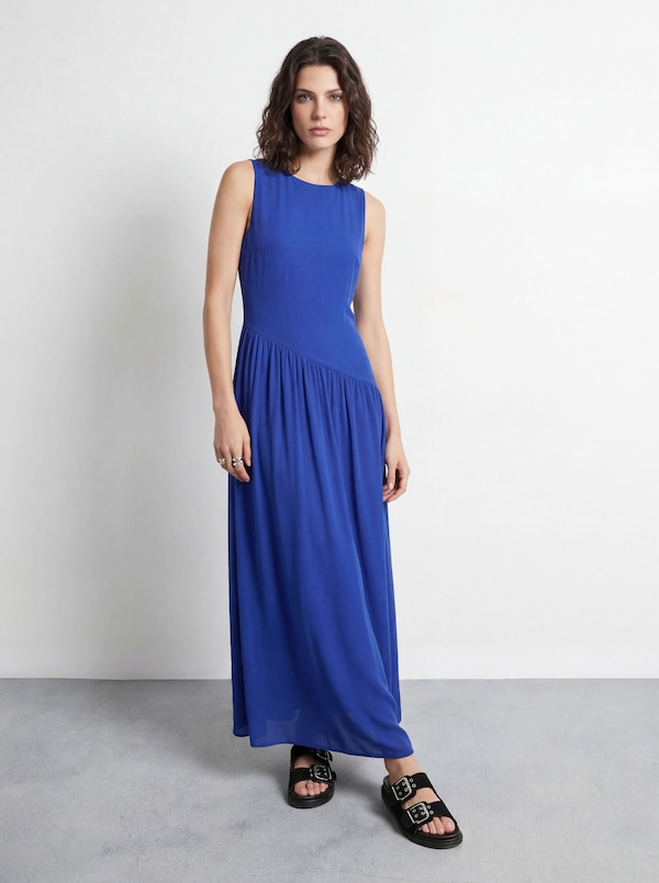Warehouse Petite Plain Dropped Waist Chiffon Tiered Maxi Dress Cobalt
