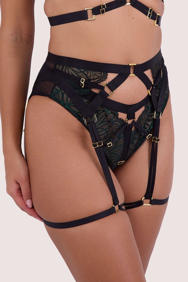 Playful Promises Tabitha Dark Green Wet-Look Lace 'Harness Suspender'