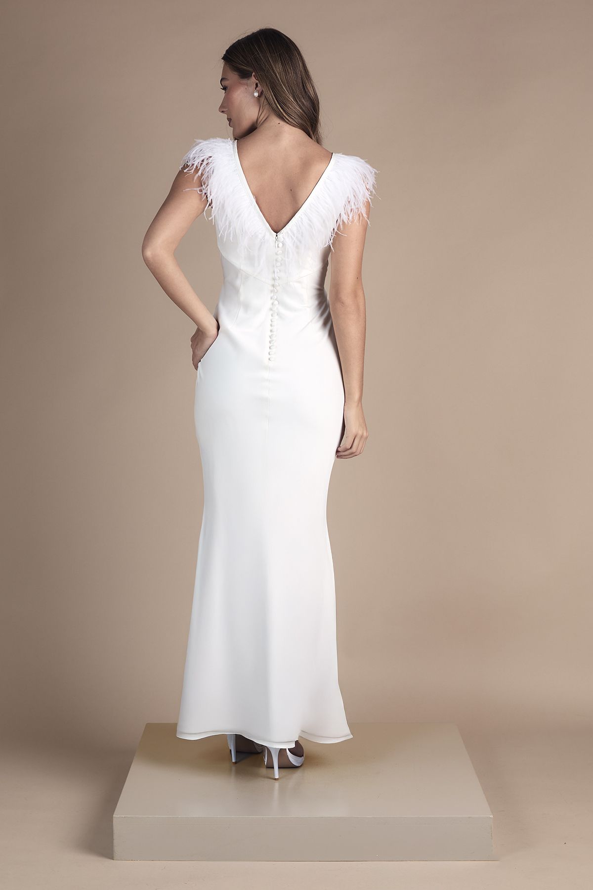 Coast Feather Shoulder Detail V Neck Satin Wedding Dress Ivory image 3